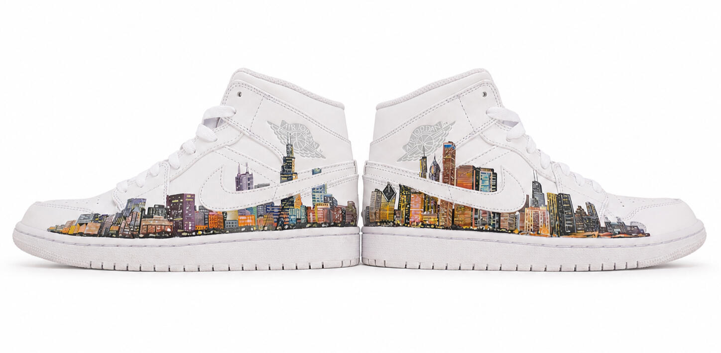 Custom Sneaker Art / Urban Cityscape · Acrylic leather paint on Nike sneakers, A custom pair created for a friend from Chicago, extending the city skyline across both shoes. Photos composited.