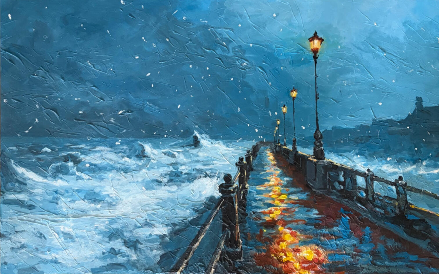 Contemporary Impressionist Seascape · Acrylic on canvas, A storm-tossed pier, originally known as an AI-generated piece, now brought to life in paint.