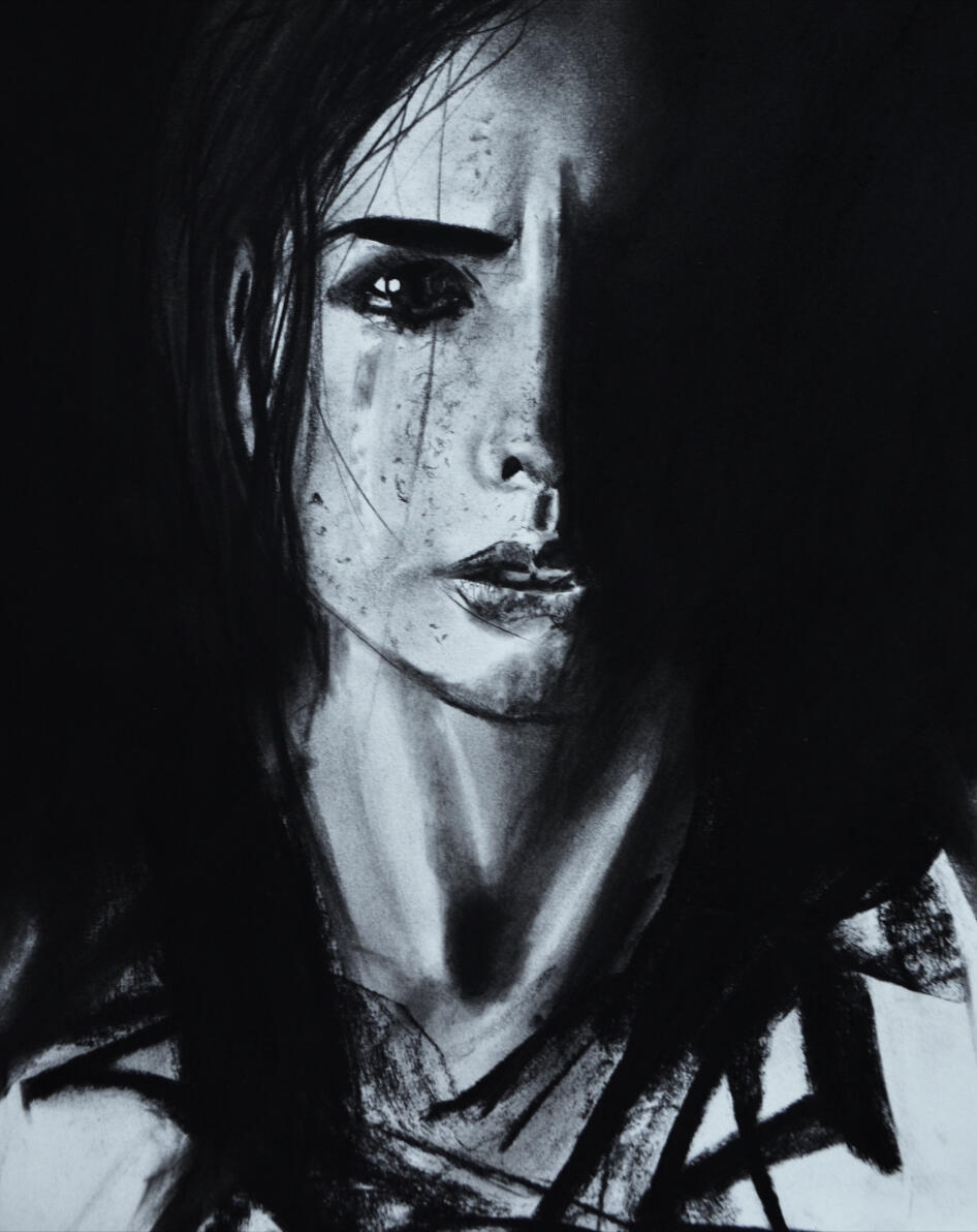 Expressive Figurative Realism · Charcoal on paper, A study of restrained emotion, using stark lighting, facial expression, and subtle muscular tension in the neck.