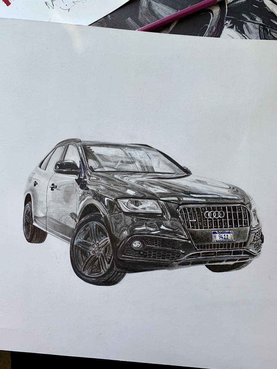Automotive Realism · Graphite and colored pencil on paper, A detailed automotive study of reflection.