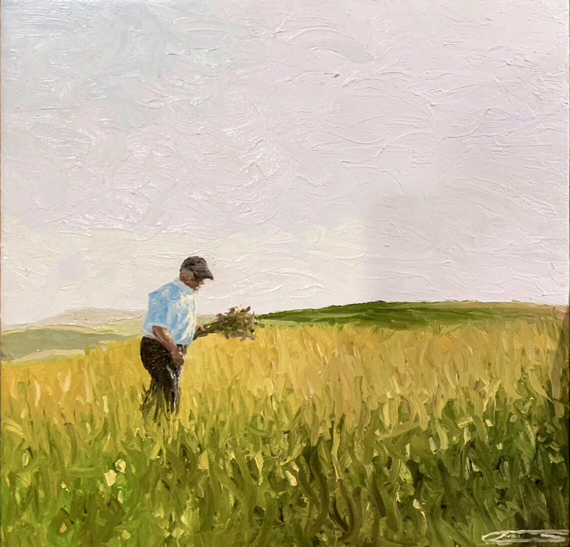 Figurative Realism · Oil on canvas, My grandfather picking flowers for his wife, painted in Romania.